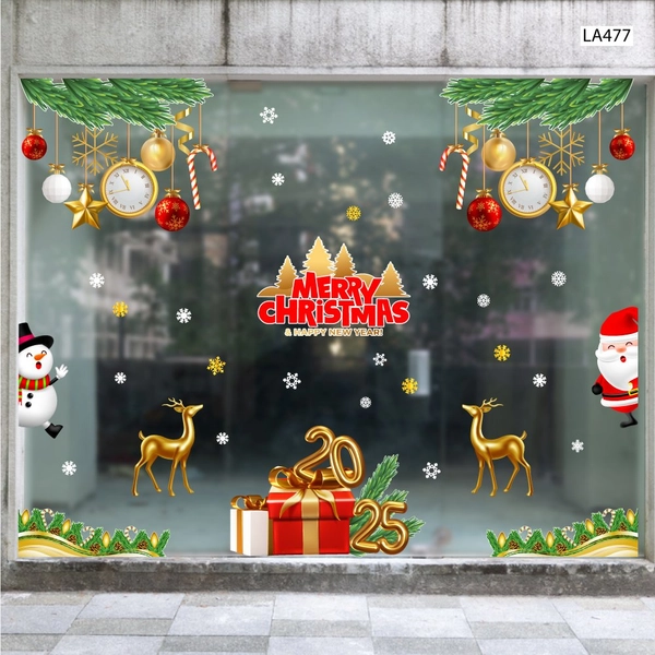 Combo Decal Trang Trí Noel Merry Christmas Tuần Lộc Vàng Và Hộp Quà Giáng Sinh