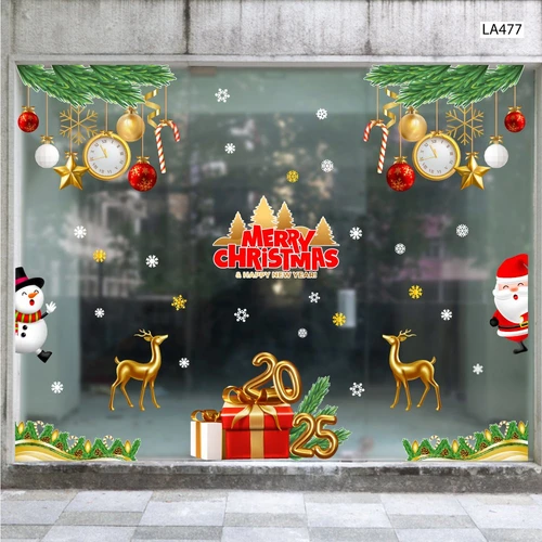 Combo Decal Trang Trí Noel Merry Chistmas Tuần Lộc Vàng Và Hộp Quà Giáng Sinh
