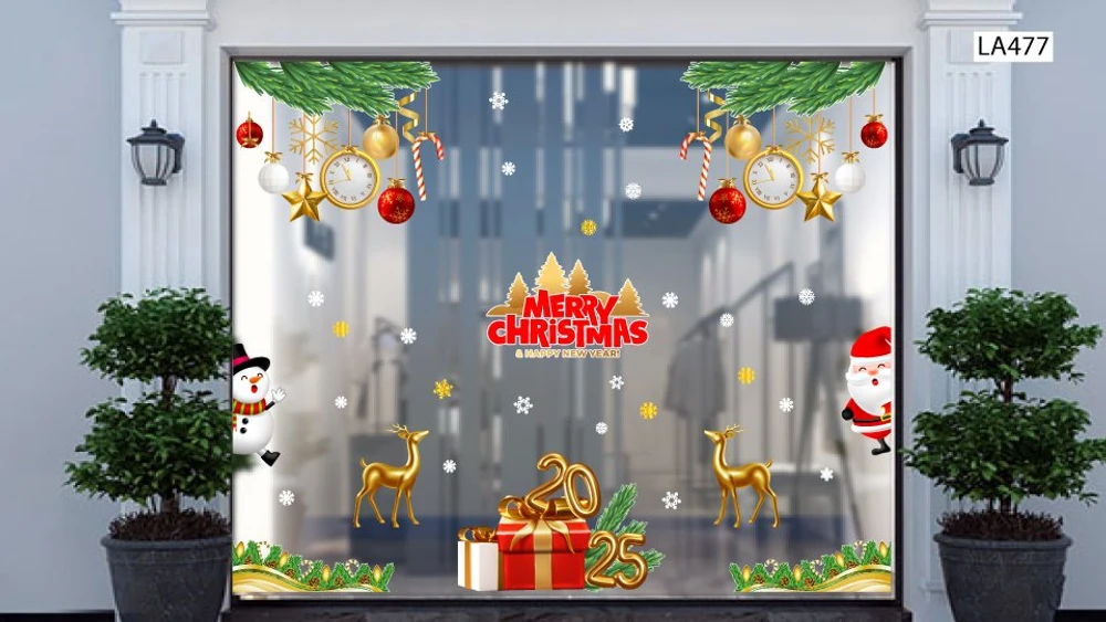 Combo Decal Trang Trí Noel Merry Chistmas Tuần Lộc Vàng Và Hộp Quà Giáng Sinh