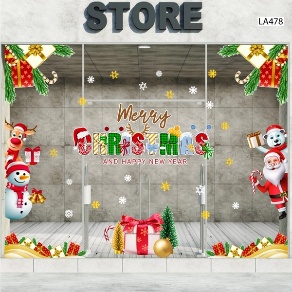 Combo Decal Trang Trí Noel Merry Christmas Gấu Trắng Và Những Người Bạn Phát Quà