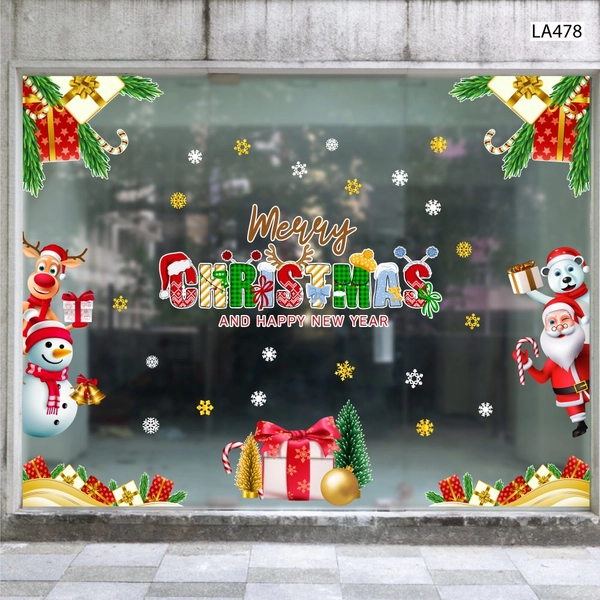Combo Decal Trang Trí Noel Merry Christmas Gấu Trắng Và Những Người Bạn Phát Quà