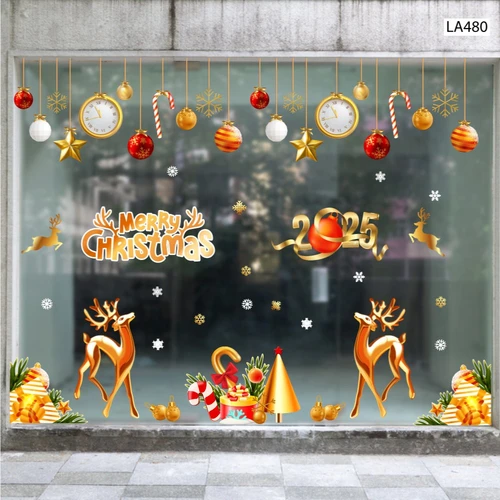 Combo Decal Trang Trí Noel Merry Chistmas Đôi Tuần Lộc Vàng Và Kẹo Giáng Sinh