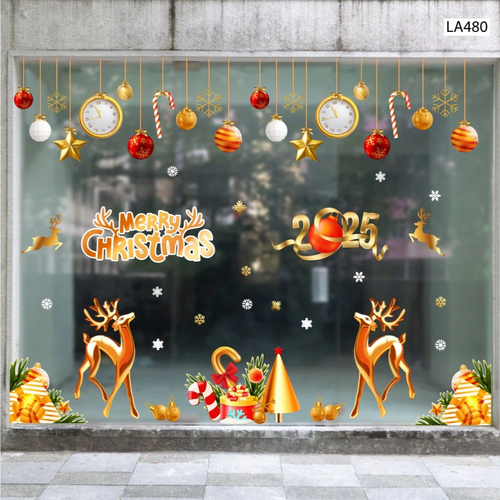 Combo Decal Trang Trí Noel Merry Chistmas Đôi Tuần Lộc Vàng Và Kẹo Giáng Sinh