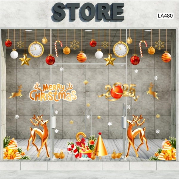 Combo Decal Trang Trí Noel Merry Christmas Đôi Tuần Lộc Vàng Và Kẹo Giáng Sinh