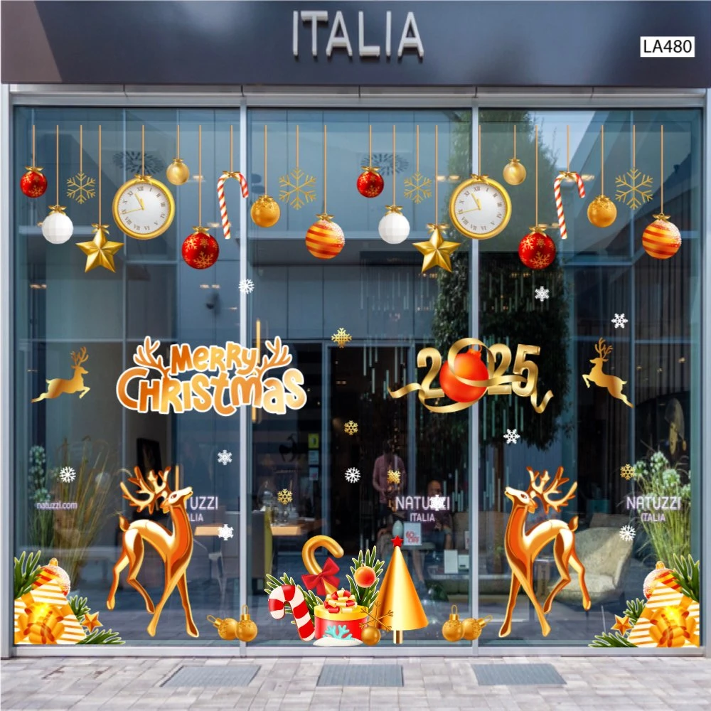 Combo Decal Trang Trí Noel Merry Chistmas Đôi Tuần Lộc Vàng Và Kẹo Giáng Sinh