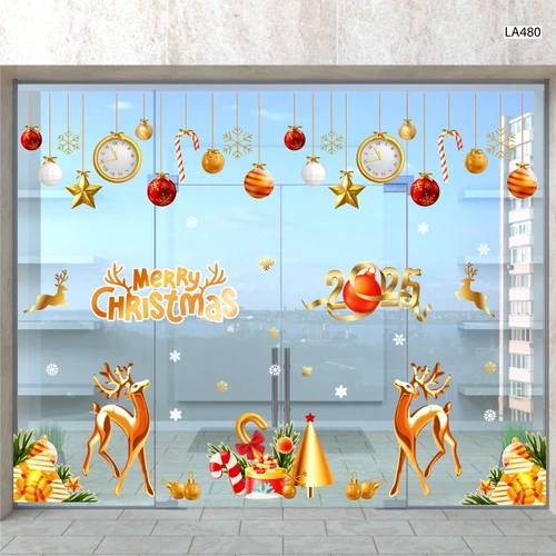 Combo Decal Trang Trí Noel Merry Chistmas Đôi Tuần Lộc Vàng Và Kẹo Giáng Sinh