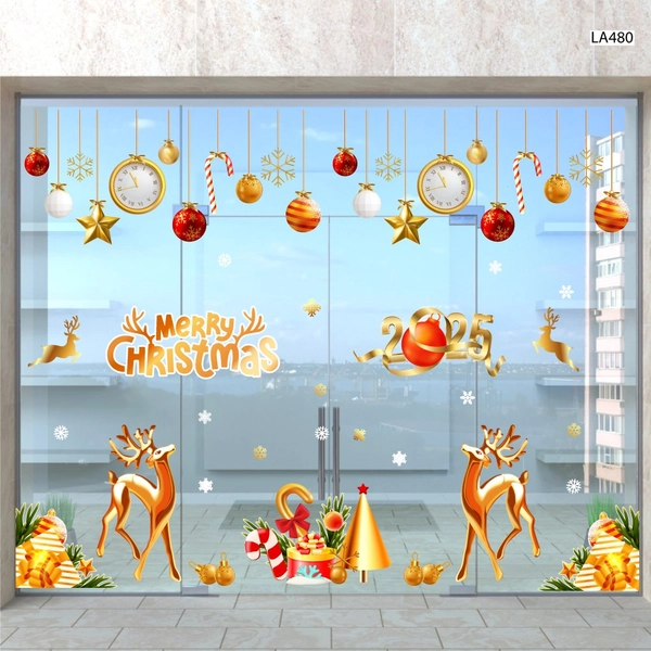 Combo Decal Trang Trí Noel Merry Christmas Đôi Tuần Lộc Vàng Và Kẹo Giáng Sinh