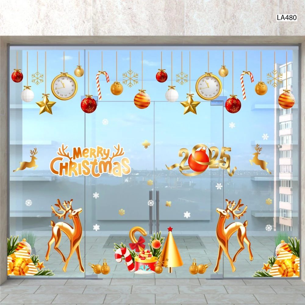 Combo Decal Trang Trí Noel Merry Chistmas Đôi Tuần Lộc Vàng Và Kẹo Giáng Sinh