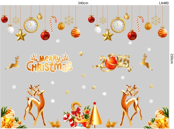 Combo Decal Trang Trí Noel Merry Christmas Đôi Tuần Lộc Vàng Và Kẹo Giáng Sinh