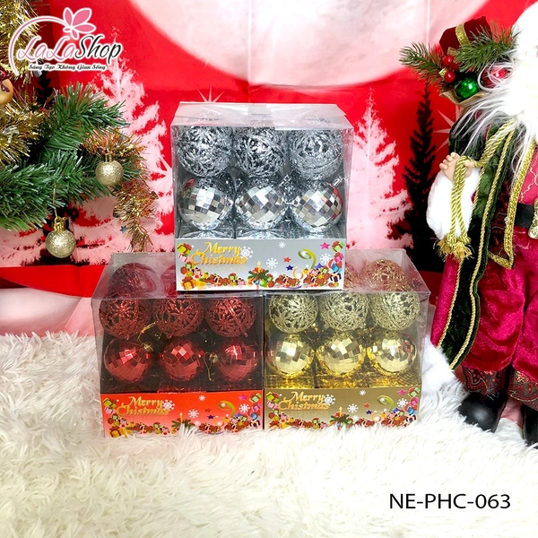 Hộp châu 6cm 12 quả và 6 hộp quà nhiều màu trang trí noel