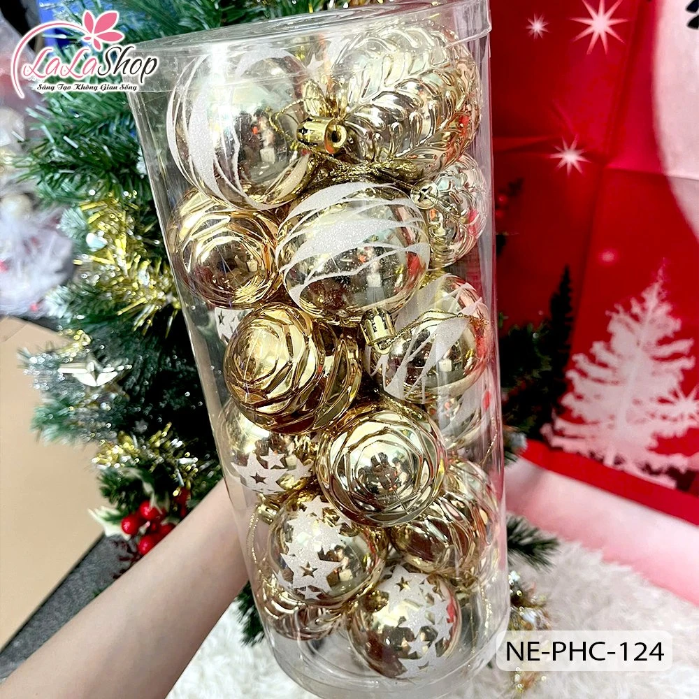 Hộp 24 quả châu 6cm đa sắc màu họa tiết giáng sinh trang trí cây thông