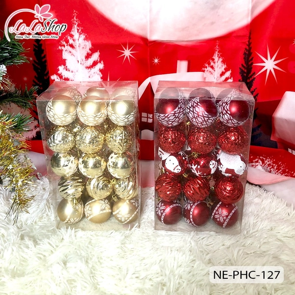 Hộp 30 quả châu 6cm nhiều họa tiết trang trí cây thông noel