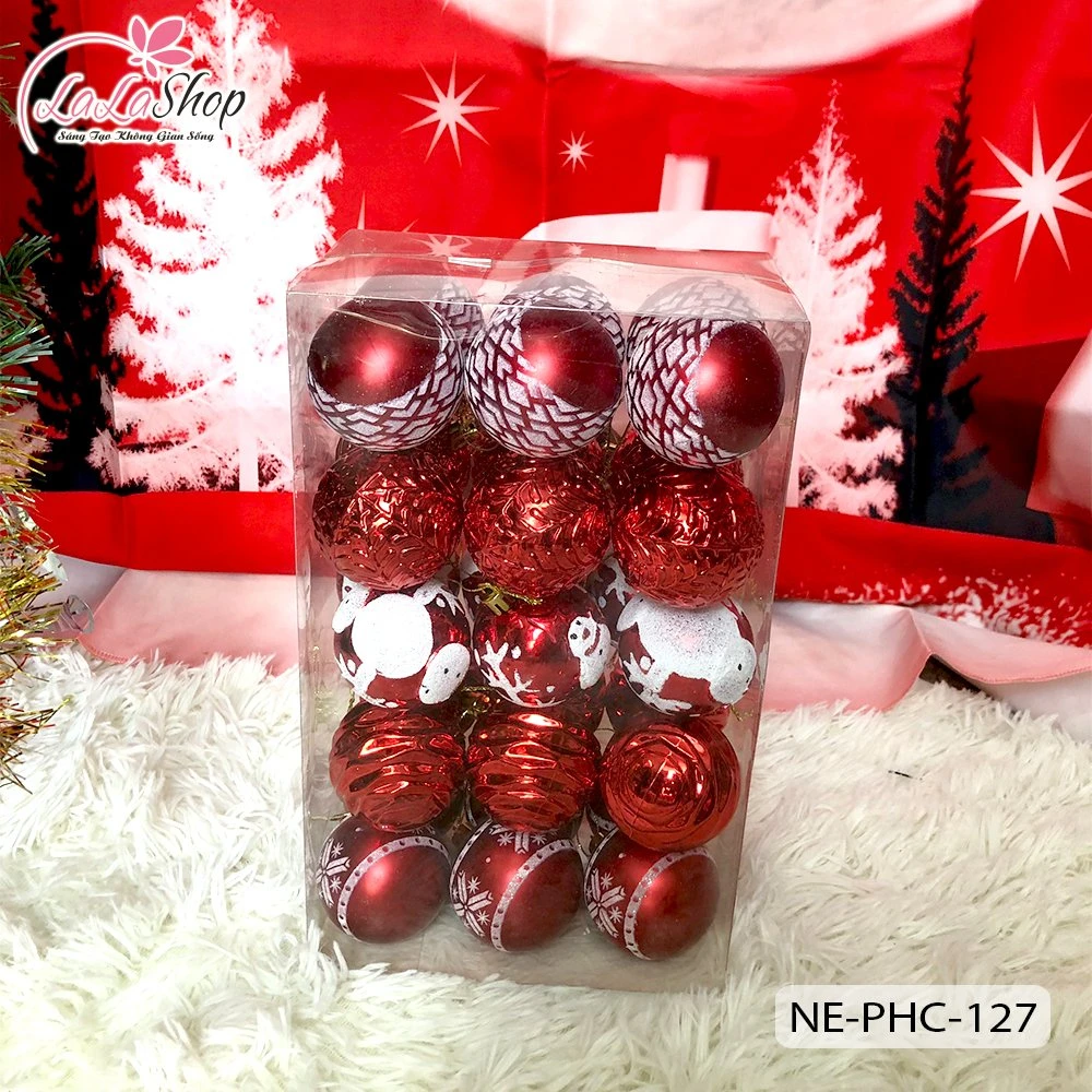 Hộp 30 quả châu 6cm nhiều họa tiết trang trí cây thông noel