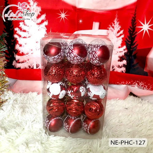 Hộp 30 quả châu 6cm nhiều họa tiết trang trí cây thông noel