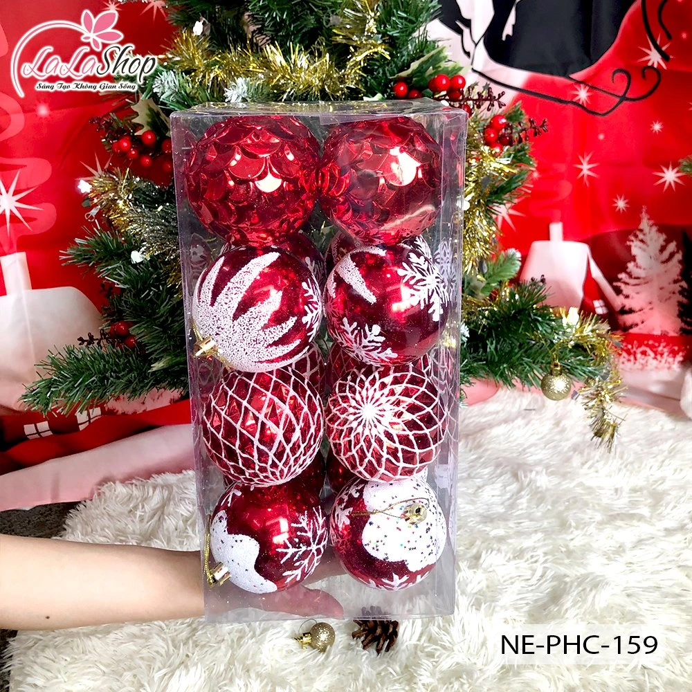 Hộp 16 quả châu 8cm hai màu đỏ vàng nhiều họa tiết trang trí noel