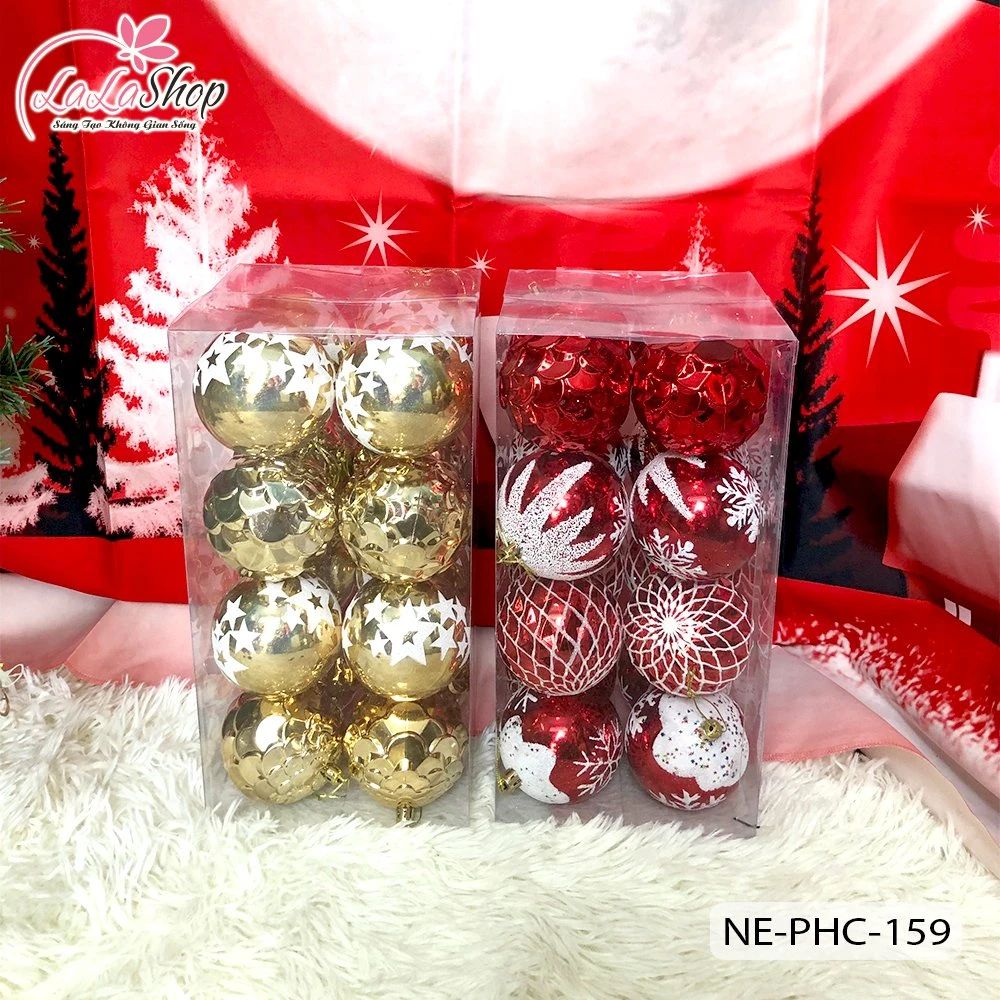 Hộp 16 quả châu 8cm hai màu đỏ vàng nhiều họa tiết trang trí noel