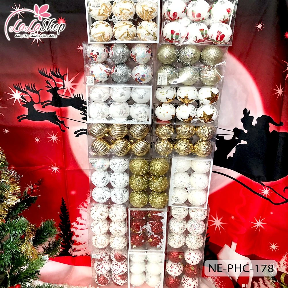 Hộp 6 quả châu 7cm họa tiết nhiều loại trang trí noel (giao ngẫu nhiên)