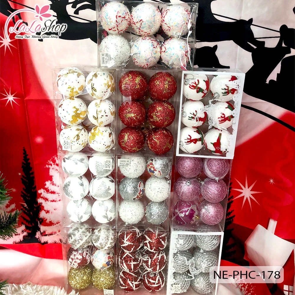 Hộp 6 quả châu 7cm họa tiết nhiều loại trang trí noel (giao ngẫu nhiên)