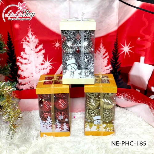 Hộp 12 quả châu đỏ 6cm và 4 hộp quà nhiều màu sắc lung linh trang trí noel