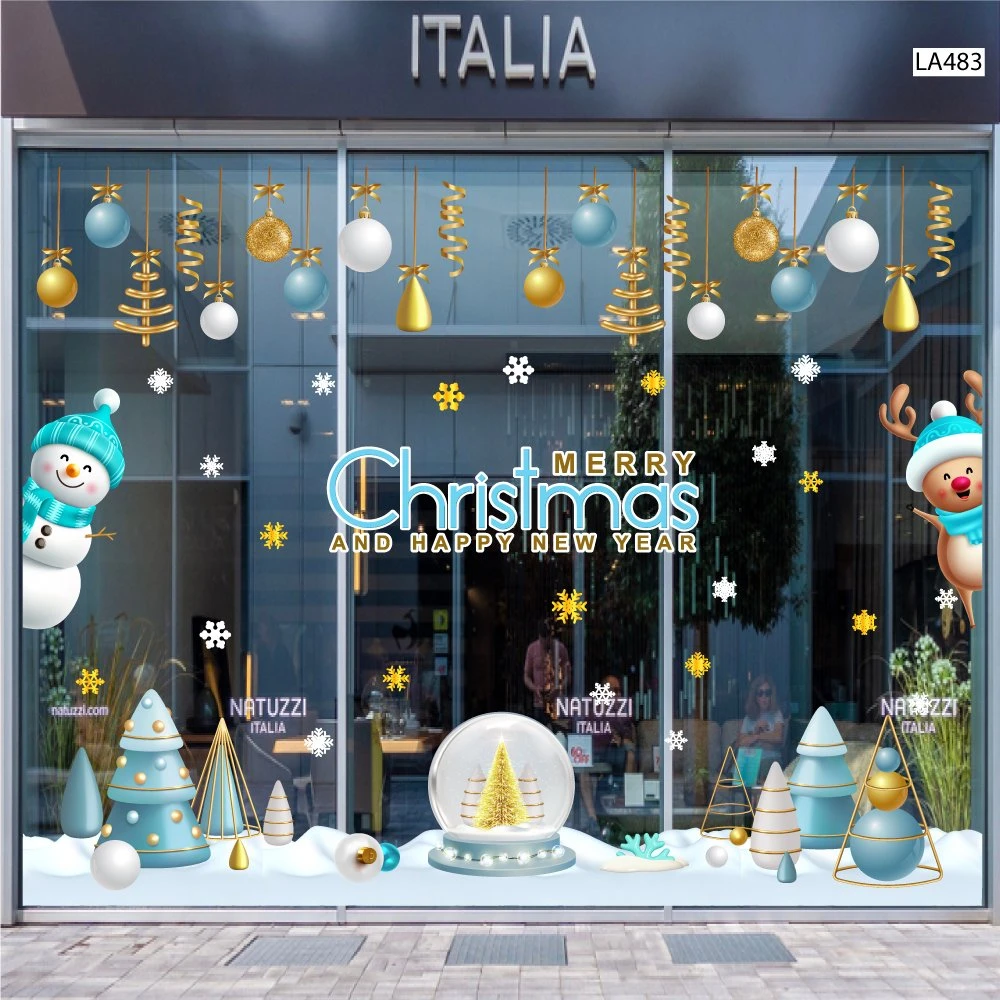 Combo Decal Trang Trí Noel Người Tuyết Xanh Và Tuần Lộc Vui Đón Giáng Sinh