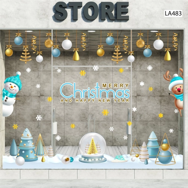 Combo Decal Trang Trí Noel Người Tuyết Xanh Và Tuần Lộc Vui Đón Giáng Sinh