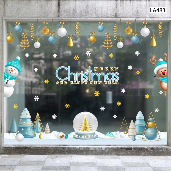 Combo Decal Trang Trí Noel Người Tuyết Xanh Và Tuần Lộc Vui Đón Giáng Sinh