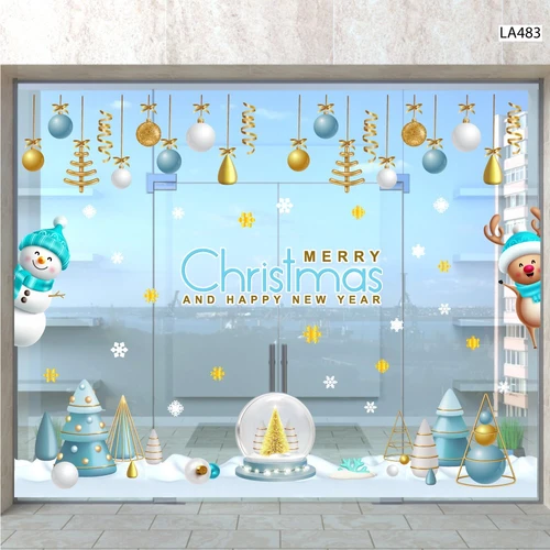 Combo Decal Trang Trí Noel Người Tuyết Xanh Và Tuần Lộc Vui Đón Giáng Sinh