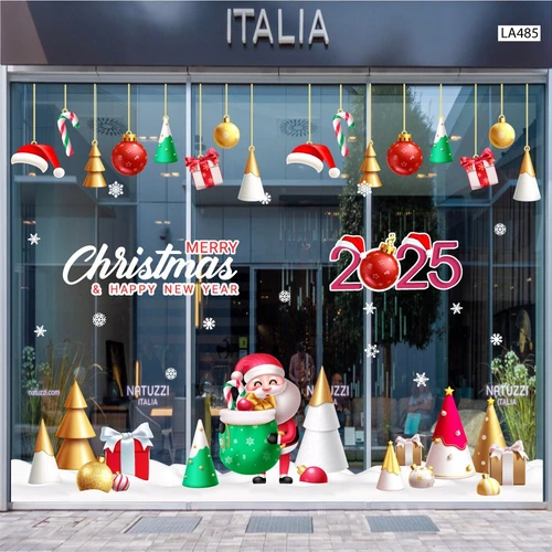 Combo Decal Trang Trí Noel Ông Già Noel Mang Túi Quà Và Những Cây Thông Sắc Màu