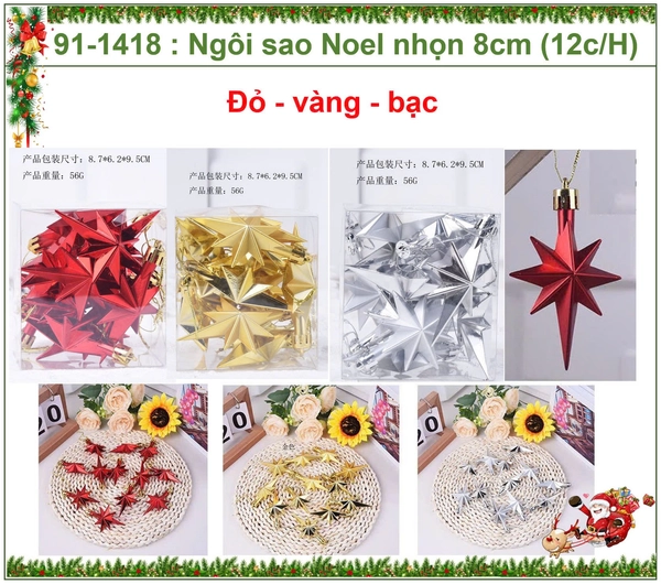 Hộp 12 ngôi sao 8cm nhiều màu trang trí noel