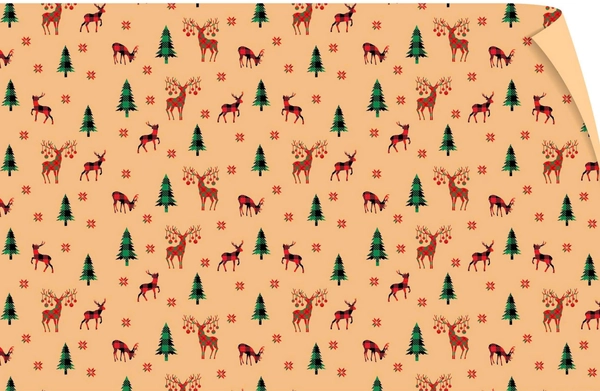 Set 5 Giấy Gói Quà Nền Vàng Hoạ Tiết Tuần Lộc Sừng Hoa Và Cây Thông Xanh