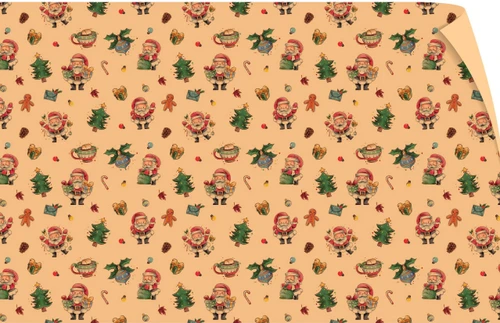 Set 5 Giấy Gói Quà Nền Vàng Kem Hoạ Tiết Ông Già Noel Vui Vẻ Và Cây Thông Xanh