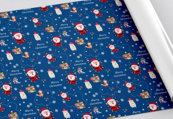 Set 5 Giấy Gói Quà Nền Xanh Dương Hoạ Tiết Ông Già Noel Vui Vẻ Và Những Người Bạn