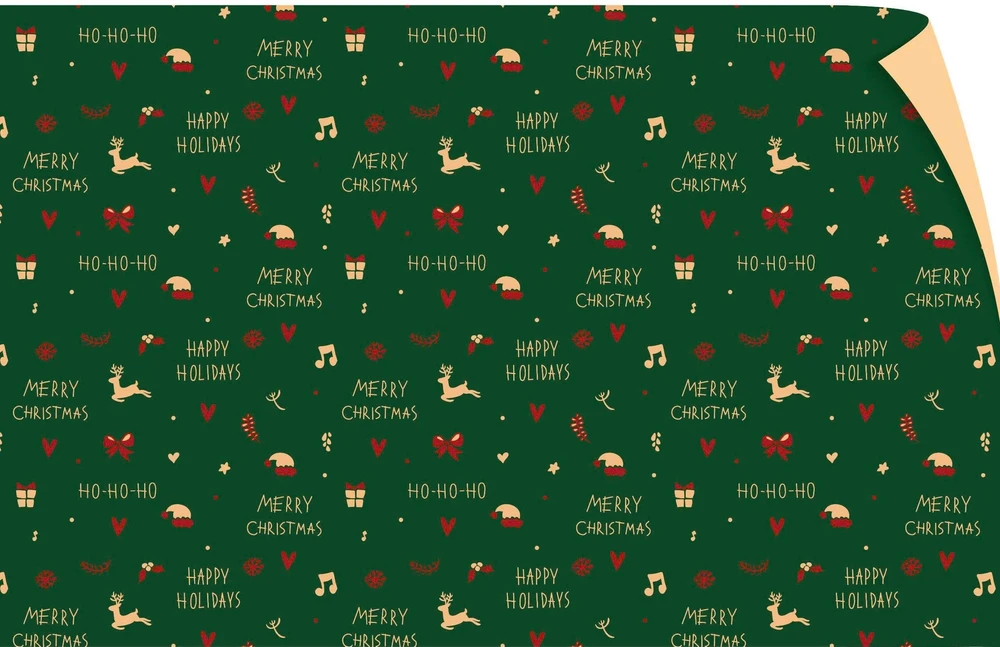 Set 5 Giấy Gói Quà Nền Xanh Lá Merry Christmas và Nón Ông Già Noel