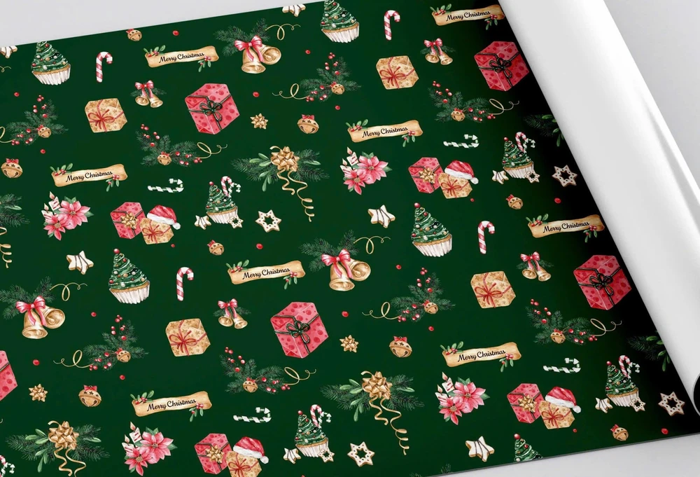Set 5 Giấy Gói Quà Xanh Lá Đậm Hoạ Tiết Hộp Quà Và Chuông Đôi Xinh Xắn