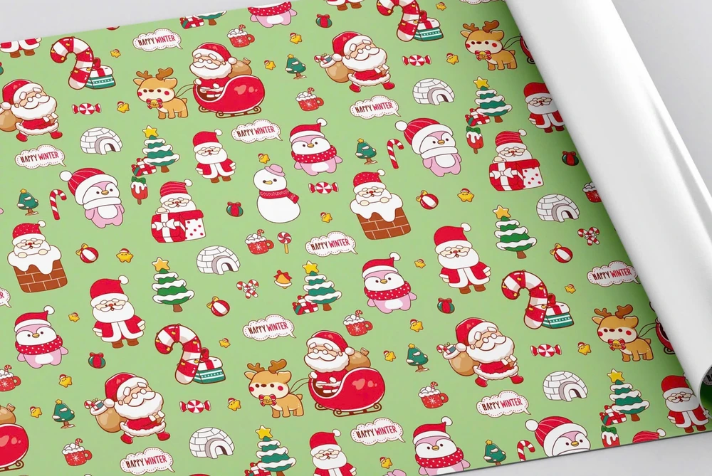 Set 5 Giấy Gói Quà Xanh Lá Hoạ Tiết Ông Già Noel Và Chim Canh Cụt Hồng