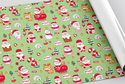 Set 5 Giấy Gói Quà Xanh Lá Hoạ Tiết Ông Già Noel Và Chim Canh Cụt Hồng