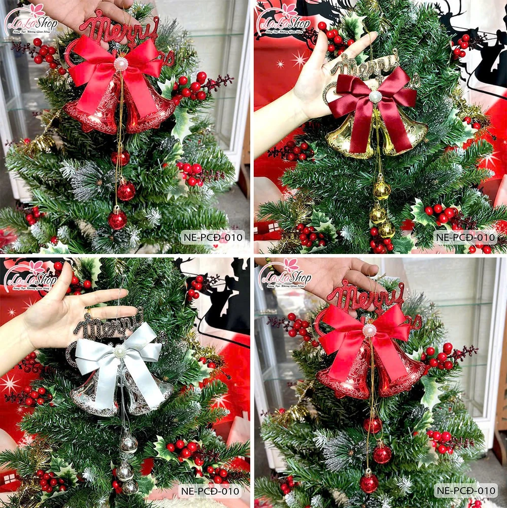 Chuông đôi 8cm kèm nơ và chữ merry trang trí noel