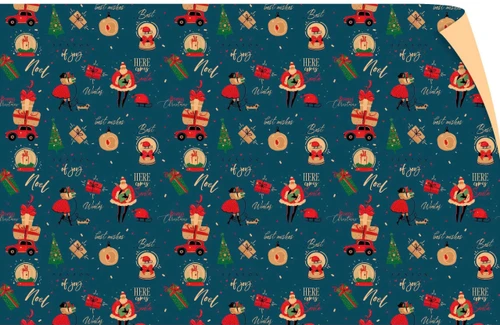 Set 5 Giấy Gói Quà Nền Xanh Dương Merry Christmas Ông Già Noel Và Quả Cầu Thủy Tinh