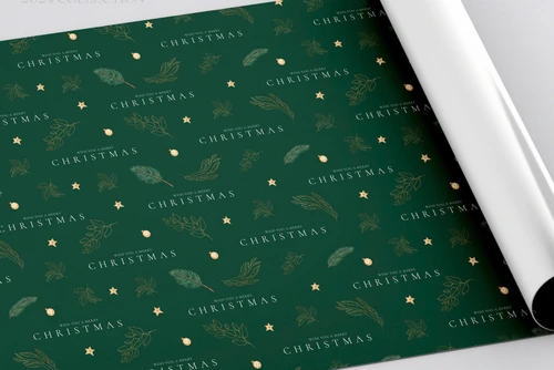 Set 5 Giấy Gói Quà Nền Xanh Lá Merry Christmas Và Quả Châu Ngôi Sao