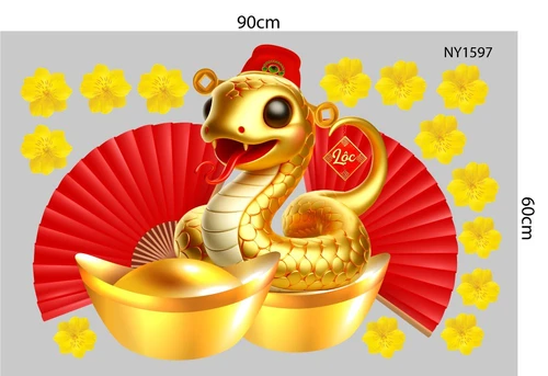 Decal trang trí tết mừng xuân Ất Tỵ 2025 Rắn Đội Mũ và Thỏi Vàng Mẫu 2