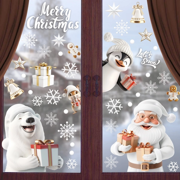 Decal tĩnh điện 2 mặt trang trí noel Ông Già Noel Và Chú Gấu Trắng