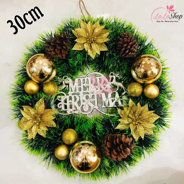 Vòng nguyệt quế sắc xanh hoa vàng 2 trang trí noel