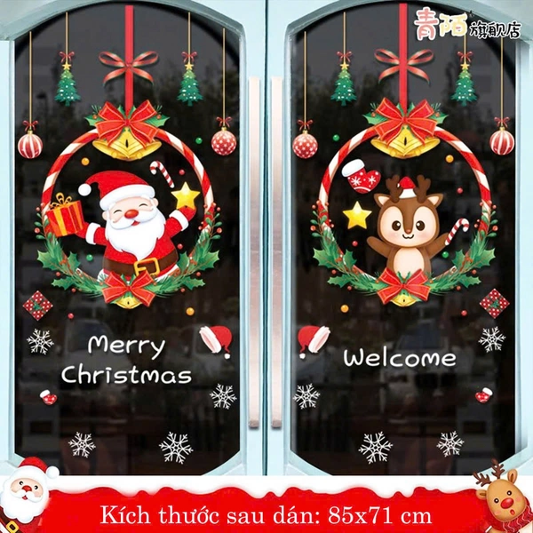 Decal tĩnh điện 2 mặt trang trí noel Ông già Noel và Tuần Lộc
