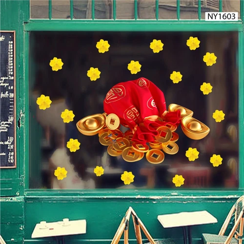 Decal Trang Trí Tết Túi Tiền Vàng Và Hoa Mai