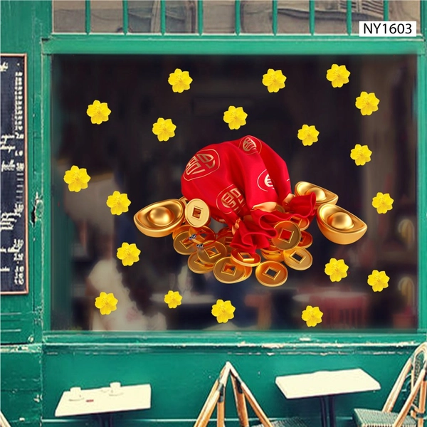 Decal Trang Trí Tết Túi Tiền Vàng Và Hoa Mai