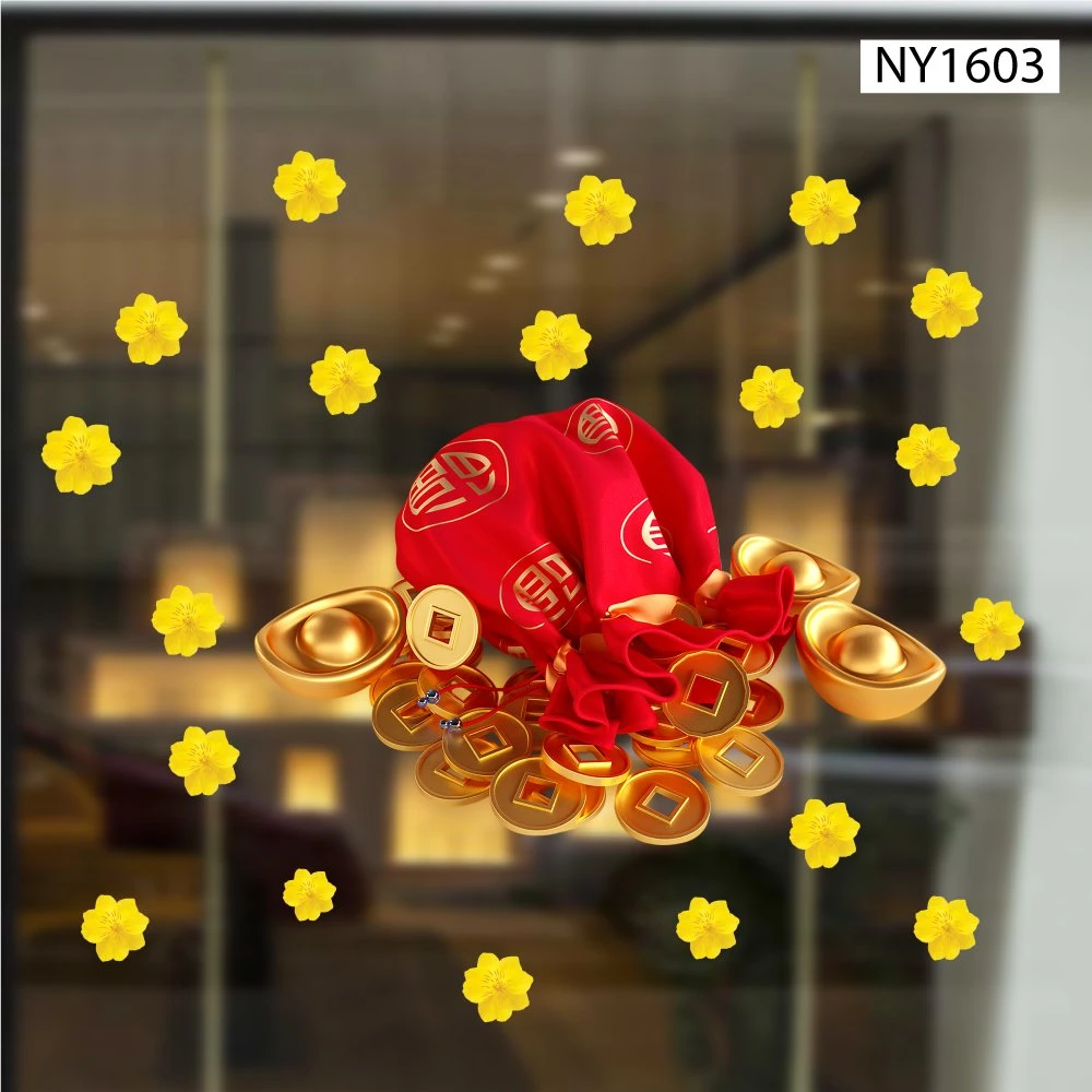 Decal Trang Trí Tết Túi Tiền Vàng Và Hoa Mai