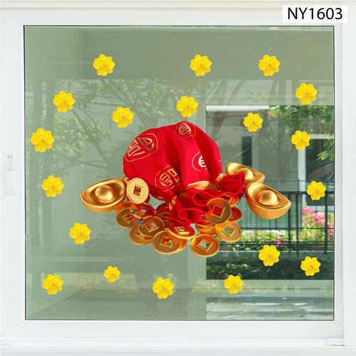 Decal Trang Trí Tết Túi Tiền Vàng Và Hoa Mai