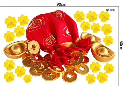 Decal Trang Trí Tết Túi Tiền Vàng Và Hoa Mai