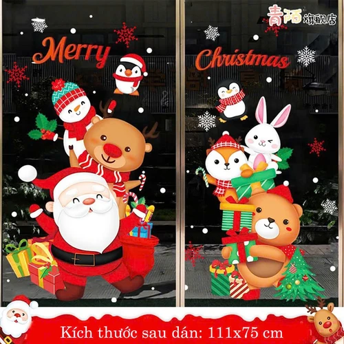 Decal tĩnh điện 2 mặt trang trí noel Ông Già Noel và Những Người Bạn Đi Phát Quà