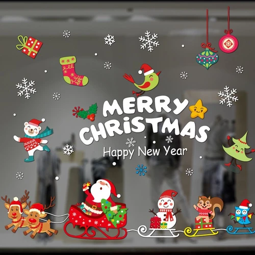 Decal tĩnh điện 2 mặt trang trí noel Ông Già Noel cưỡi tuần lộc